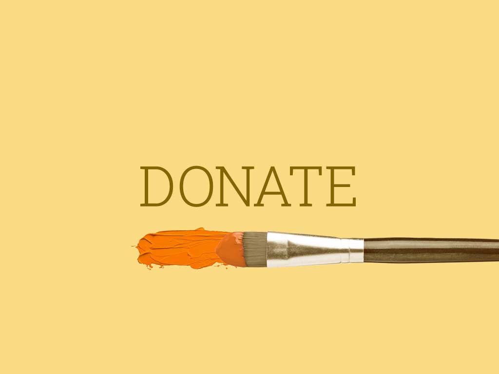 The word DONATE on a yellow background with a paint brush leaving an orange streak below it