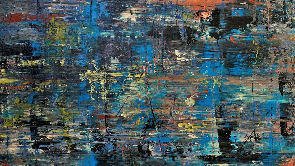 Textured abstract painting using an impasto technique with scraping or dragging. The artwork is characterized by high contrast between dark, horizontal blues and blacks and underlying vibrations of yellow and orange.