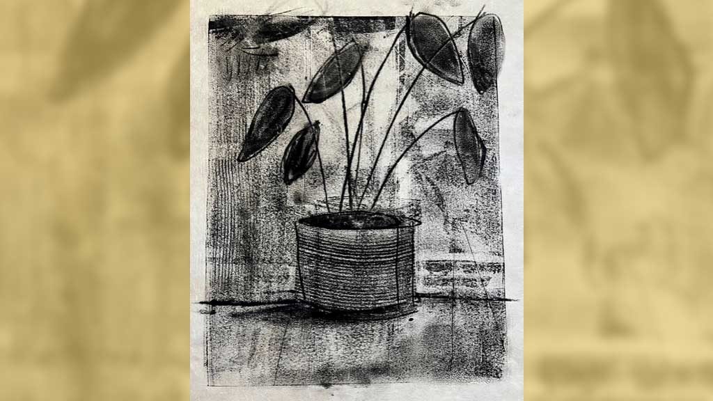 Monotype printmaking art by Christine Walinski. A centered cylindrical pot holds a plant with several thin stems reaching upward, supporting large, dark, teardrop-shaped leaves. The piece uses a monochrome palette of deep blacks and smoky greys, showing unique mottled textures and pressed patterns characteristic.
