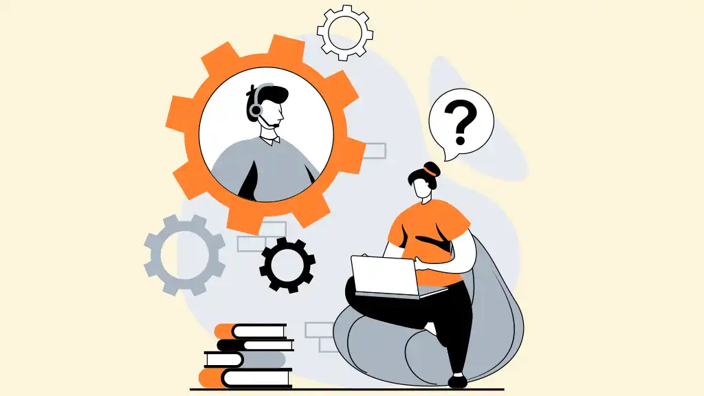 An illustration showing a computer user connecting to a tech-support agent