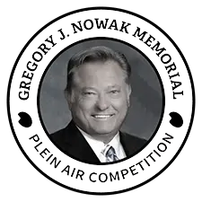 A photo of Gregory J. Nowak, an attorney and donor to the Whitemarsh Art Center. The image is surrounded by a ring with text reading: "Gregory J. Nowak Memorial Plein Air Competition." The entire design is presented in a circular stamp format and has the appearance of a physical seal.