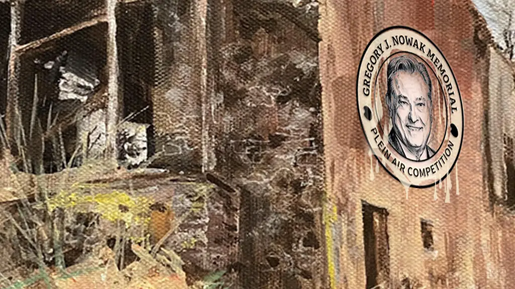 Gregory J. Nowak Memorial Plein Air Competition seal overlaid on an original acrylic painting titled "Unloved but maybe…" by Joselyn Ney. The painting depicts a weathered, rustic barn on a grassy hill under a pale sky filled with colorful floating balloons.