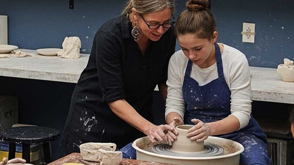 A female pottery instructor guides a teenage student shaping clay on a spinning potter's wheel in a ceramics studio.